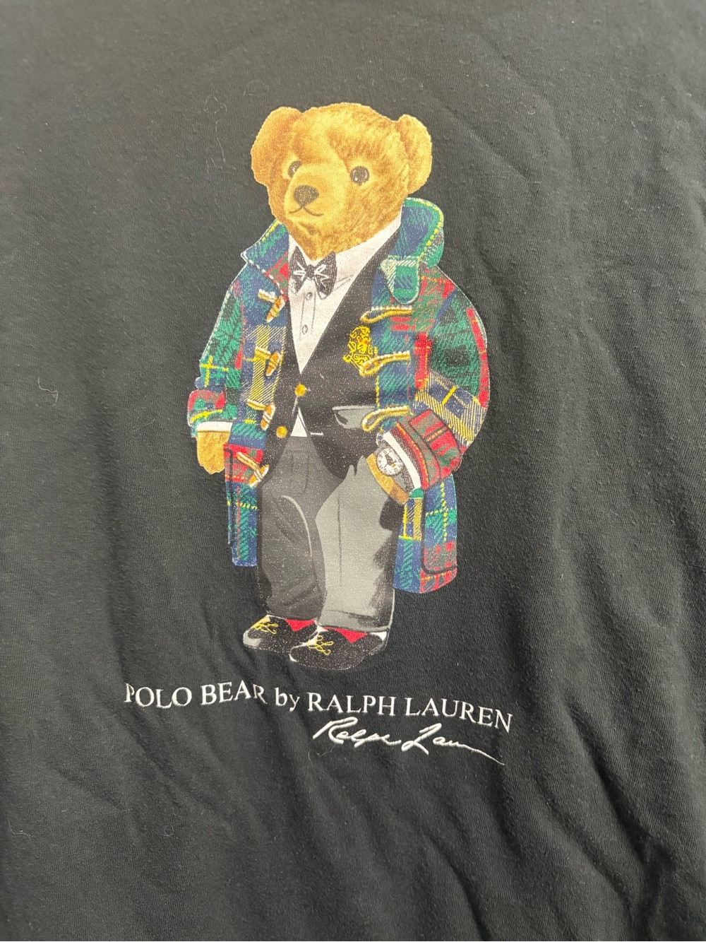 Ralph Lauren Black Tee with Iconic Polo Bear in Tartan Coat